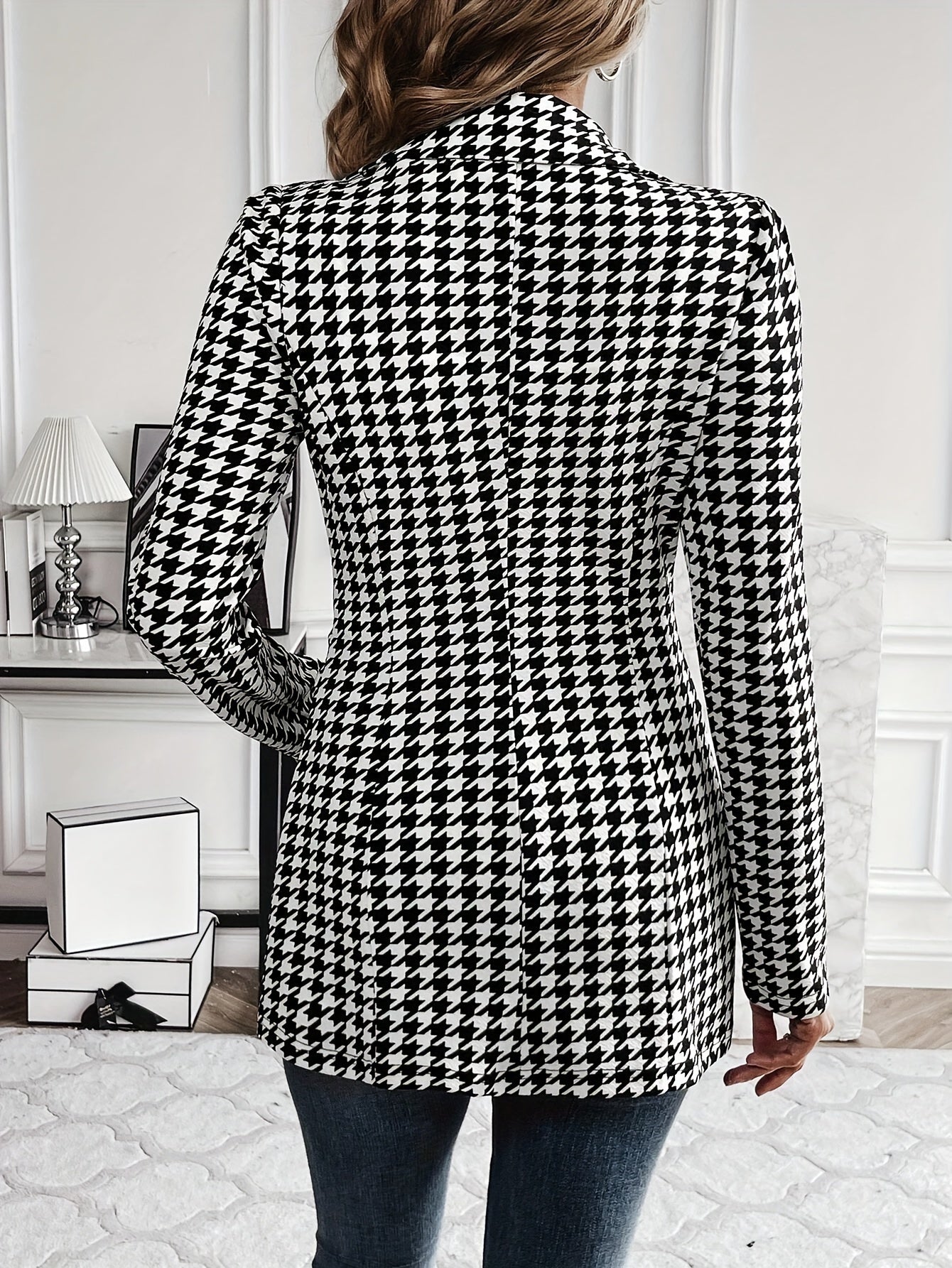 Houndstooth Print Button Front Blazer, Casual Lapel Long .