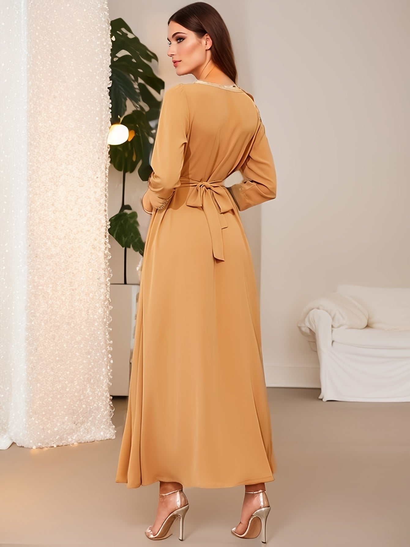 Ramadan Lace Trim V Neck Kaftan, Elegant Long Sleeve 'MH