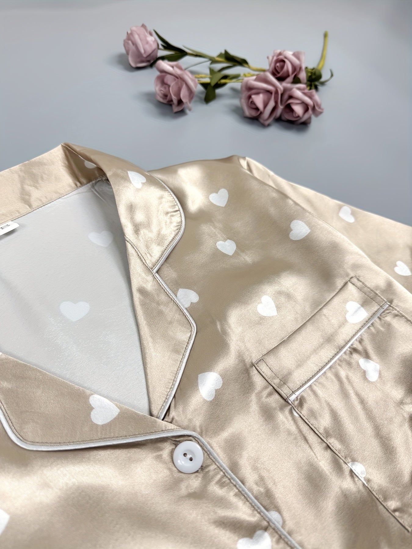 Heart Print Pajama Set, Short Sleeve Buttons Top & Elastic Waistband Pants,