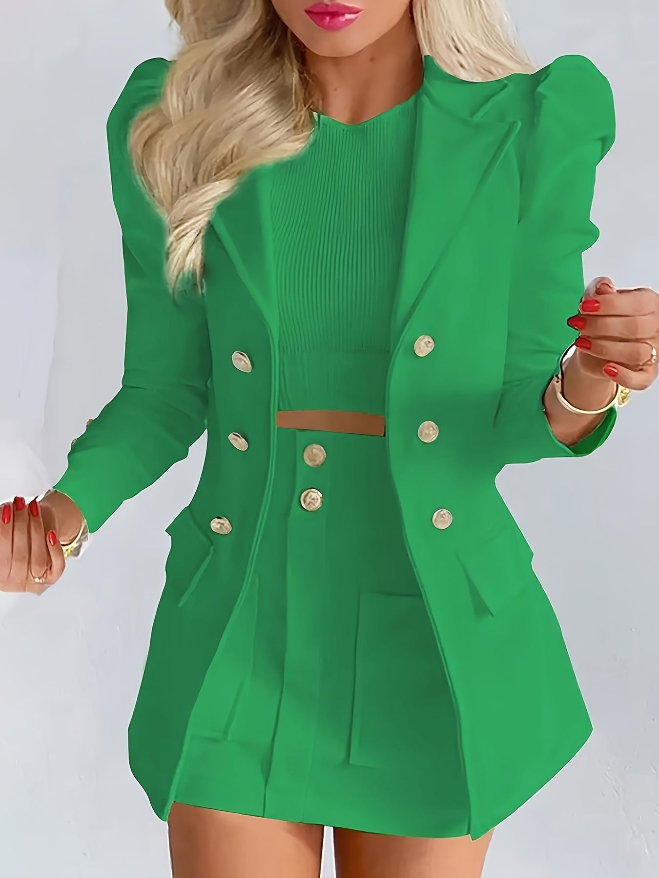 Two-Piece Floral Print Suit Set - Elegant Double Breasted Blazer.