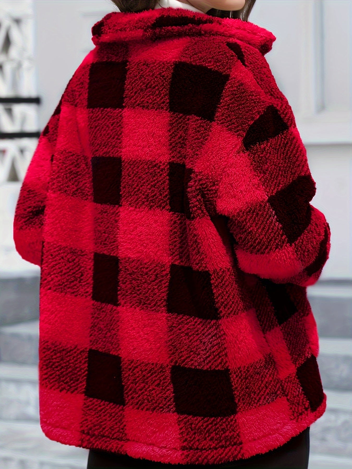 Long Sleeve Plaid Print Teddy Coat with Patched Pockets - Soft, Warm,
