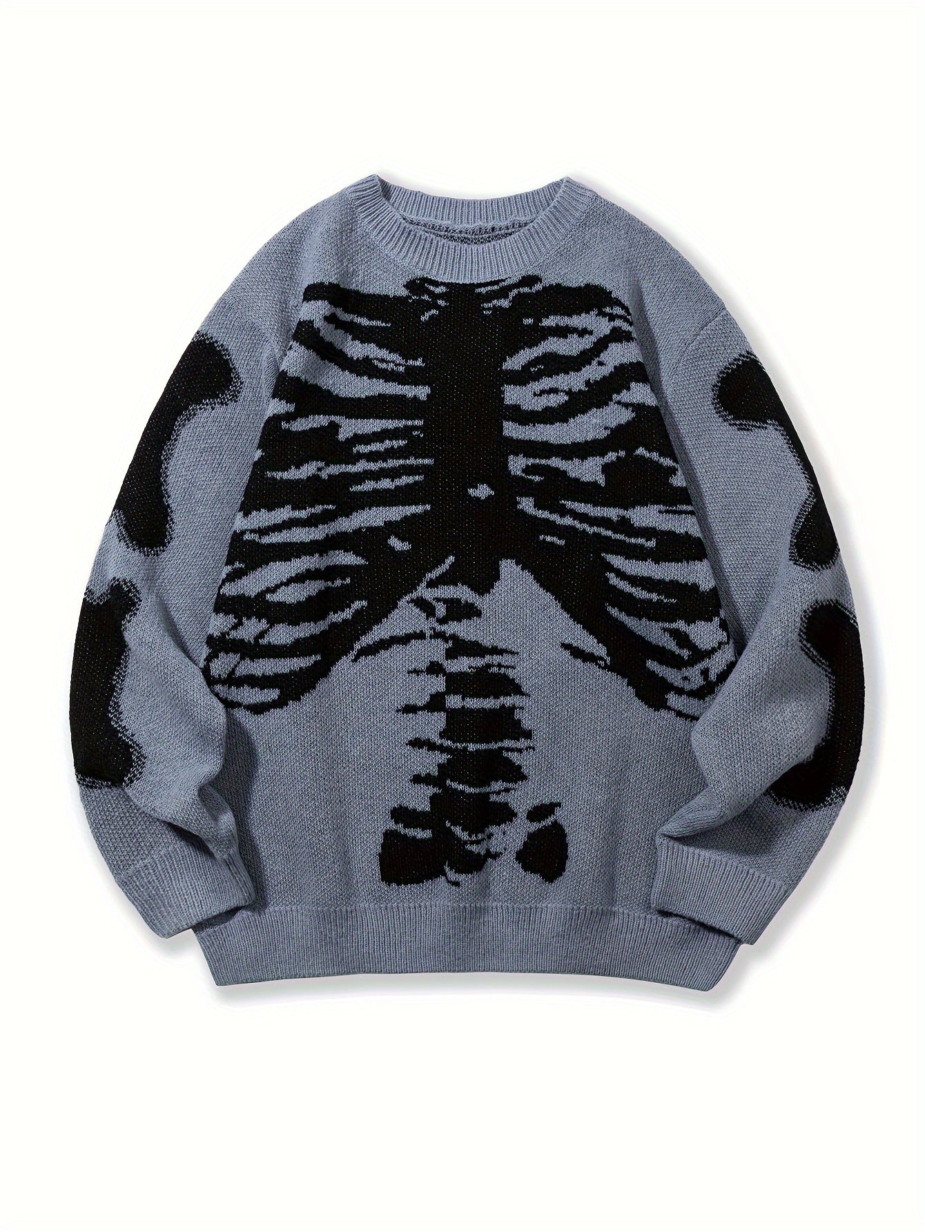 Skeleton Pattern Knitted Sweater, Men's Casual Warm Mid Stretch.