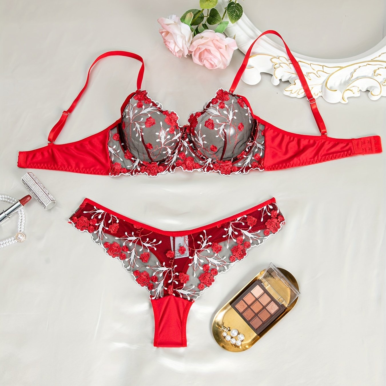 Red Floral Embroidered Lace Lingerie Set, Sexy Semi-Sheer Underwire Bra '/MH