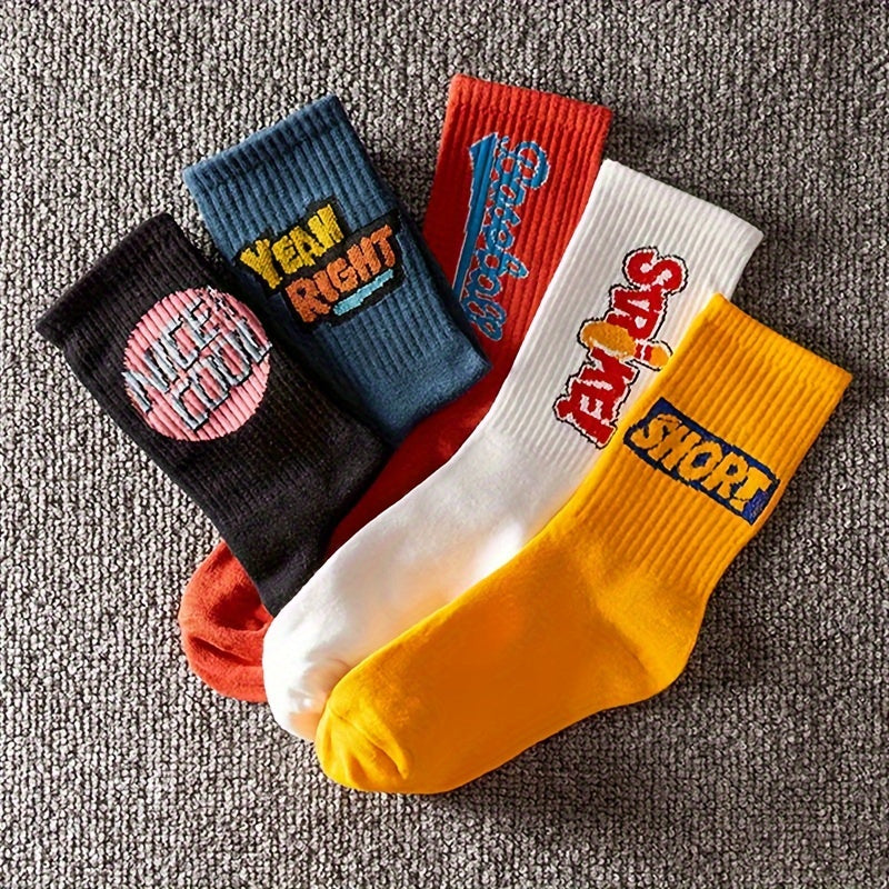 5 Pairs Of Men's Trendy Street Style Letter Print Crew Socks,/MH