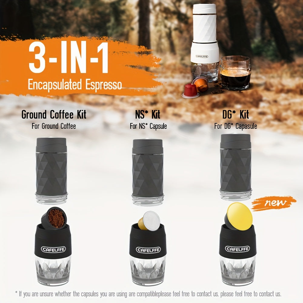 Cafelffe 3in 1 Portable Coffee Machine Manual Capsule Espresso Machine Non-heating, Non-electric, Suitable for Nespresso Capsules, Dolce Gusto Capsules and Grind Coffee, Suitable for Car, Travel, Office, Camping and Hiking, T