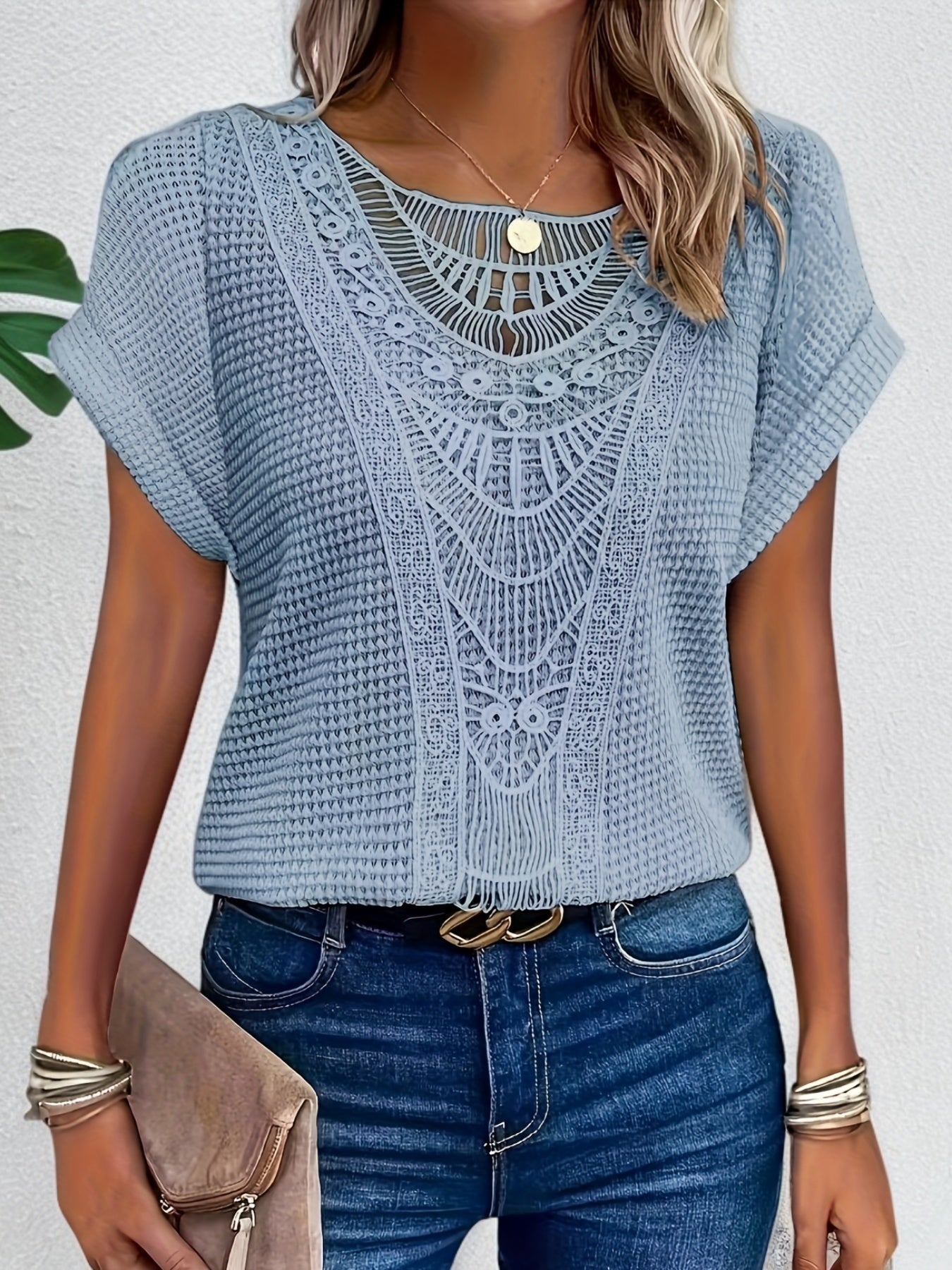 Lace Splicing Crew Neck T-shirt, Casual Short Sleeve Top For Spring & Summer, Women's Clothing