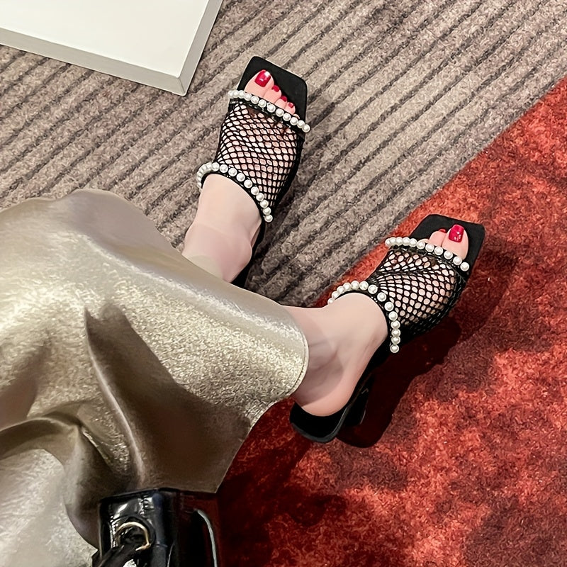 Women'S Rhinestone-Embellished Square Toe High Heel Sandals - ./MH
