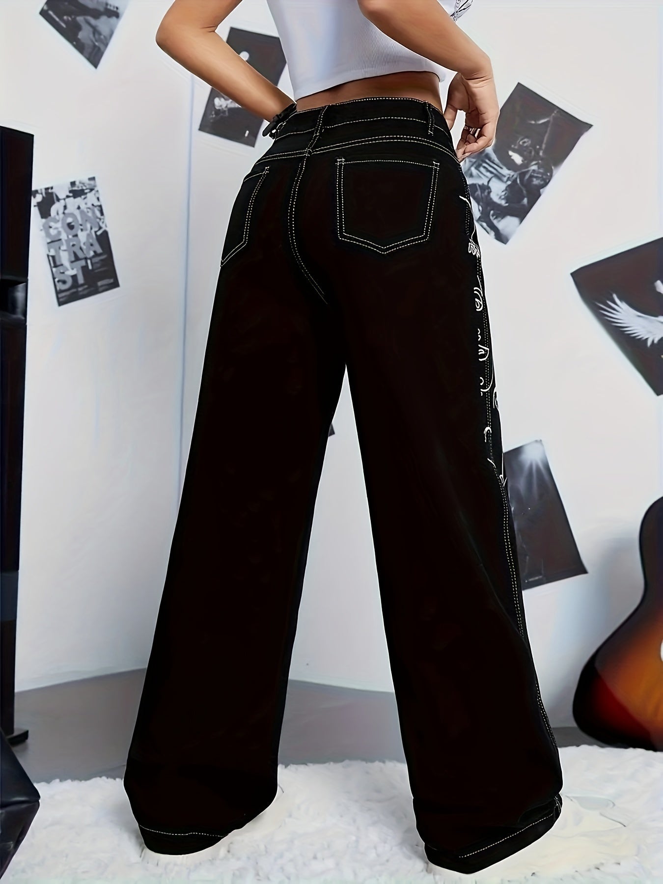 Y2K Style Abstract Cartoon Face Print Patchwork Cargo Denim Jeans,/MH