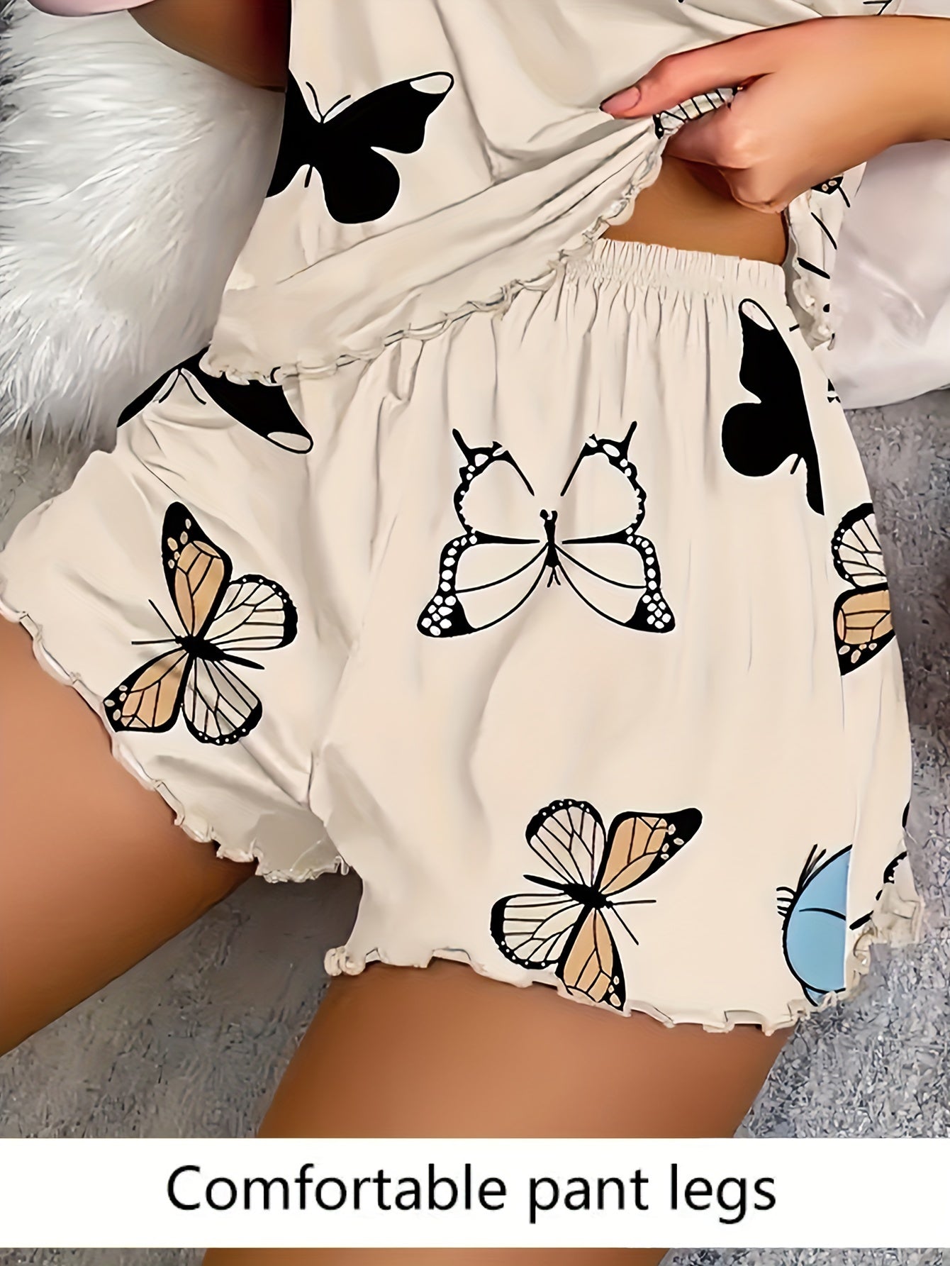 Casual Butterfly Print Lettuce Trim Pajama Set,