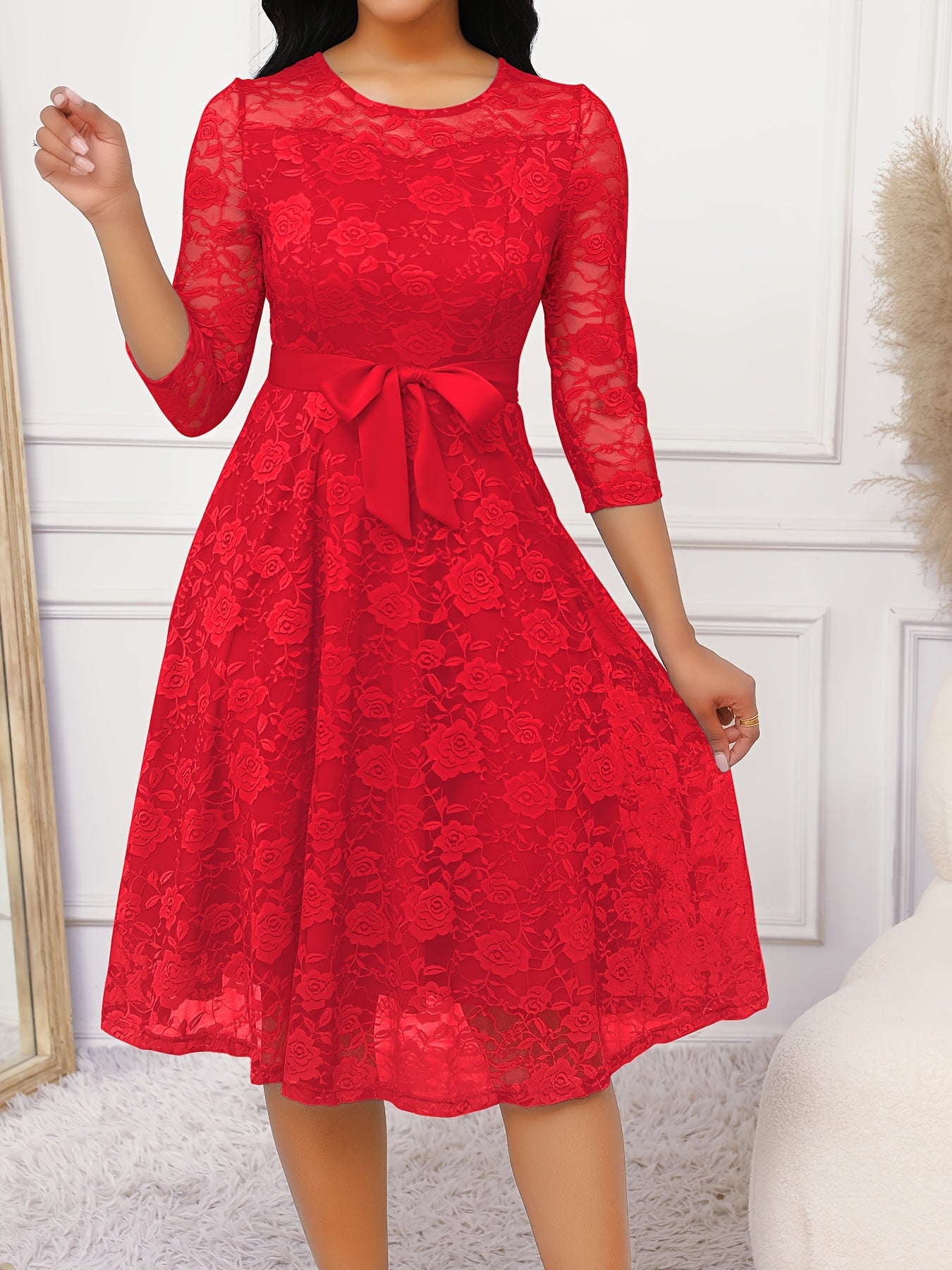 Floral Lace Ruffle Hem Belted Dress, Elegant Crew Neck 3/4 Sleeve Aline Dress ./MH