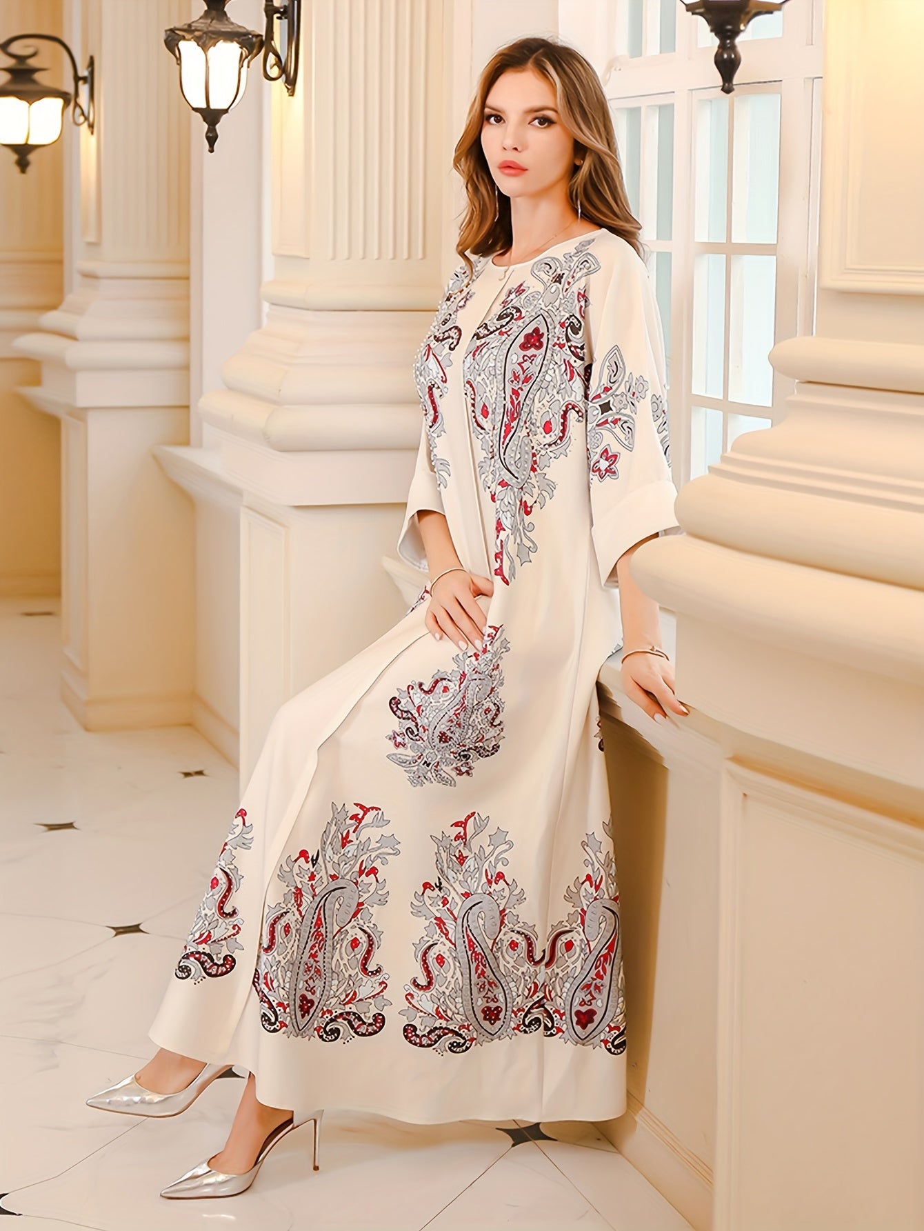 Elegant Beaded Paisley Maxi Dress - Loose Fit, /MH