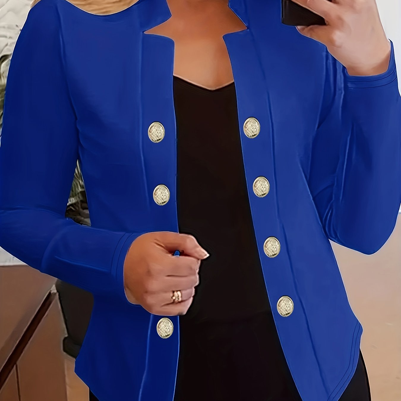 Button Decor Open Front Blazer, Casual Long Sleeve.