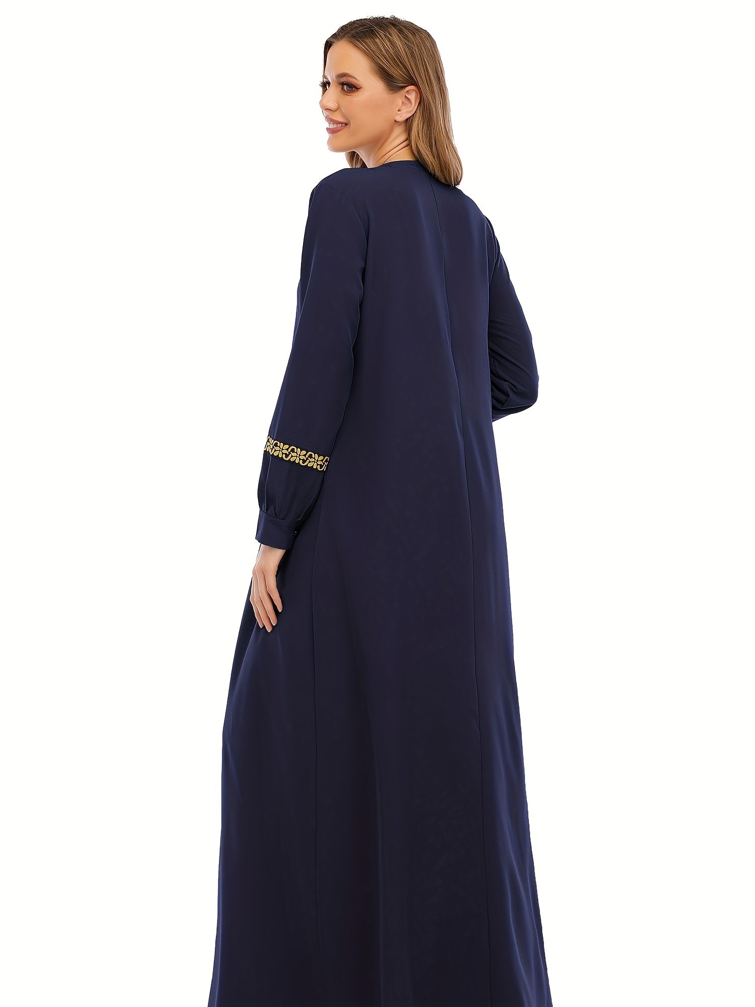 Contrast Trim Kaftan, Elegant Long Sleeve Maxi Length Dress, /MH