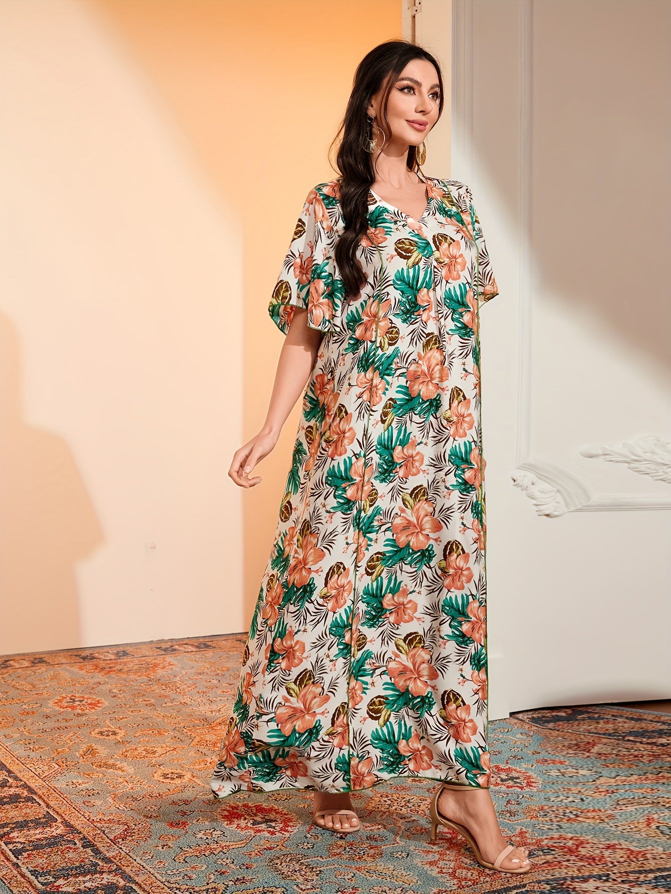 Ramadan Floral Print V Neck Kaftan, Elegant Ruffle Sleeve Dress,/MH
