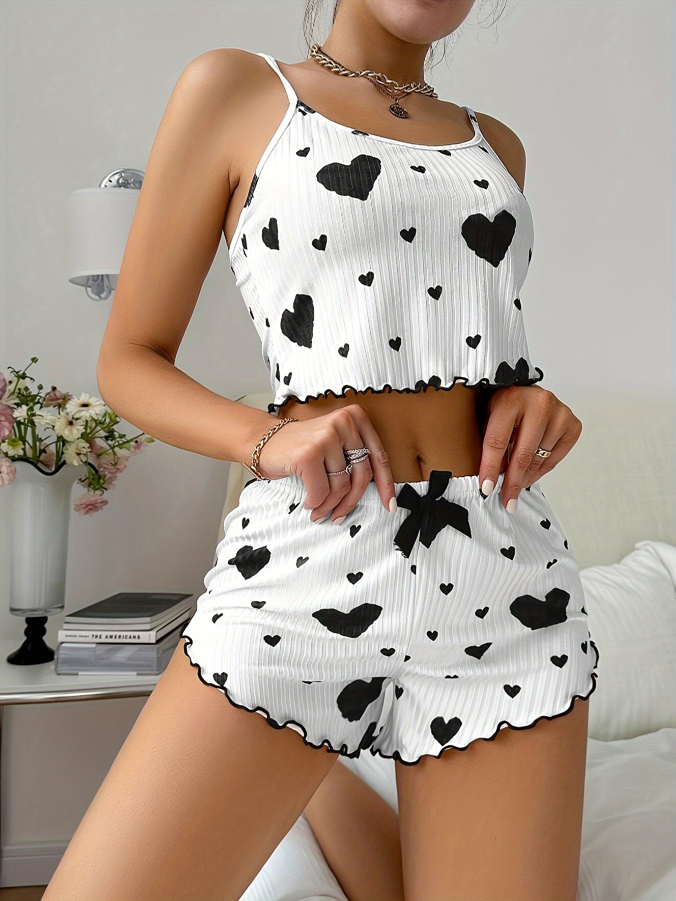 Women's Heart Print Sexy Ribbed Frill Trim Pajama Set, Round Neck Backless Crop Cami Top & Shorts, Comfortable Relaxed Fit, Summer Nightwear