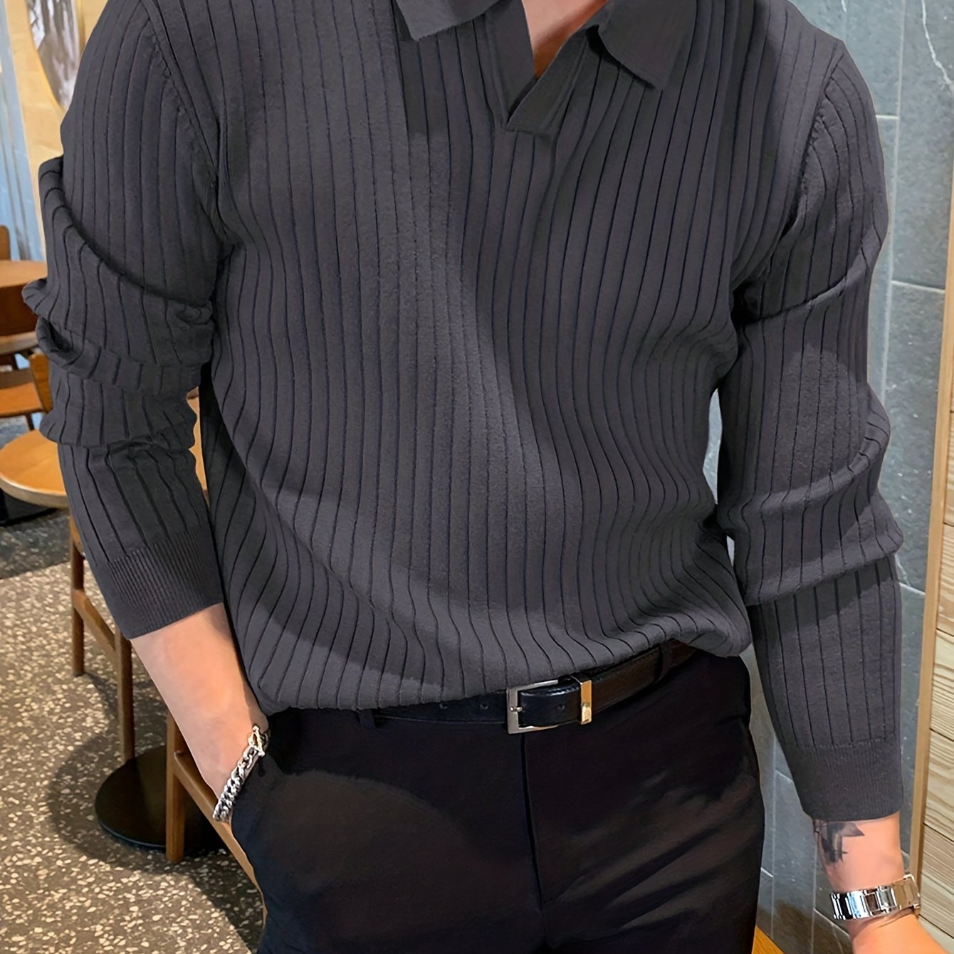 Chic Knit Shirt, Men's Casual Stylish Lapel Middle Stretch V-Neck .