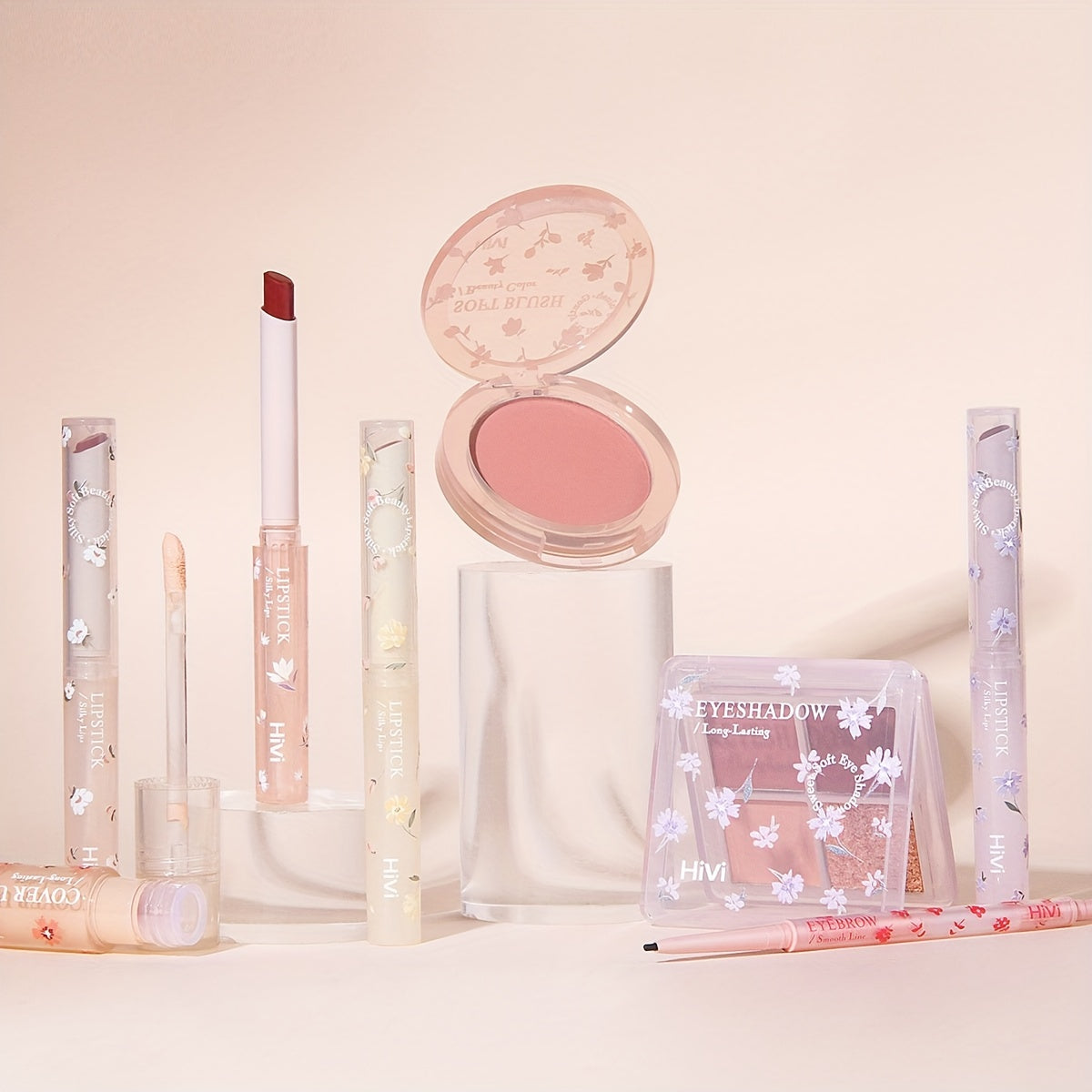8pcs Flower Language Makeup Gift Box, Velvet Lip Gloss Lipstick Blush Powder Eyeliner Pen Eyeshadow Palette Cosmetics Set, Ideal Gift For Mother's Day Makeup Set