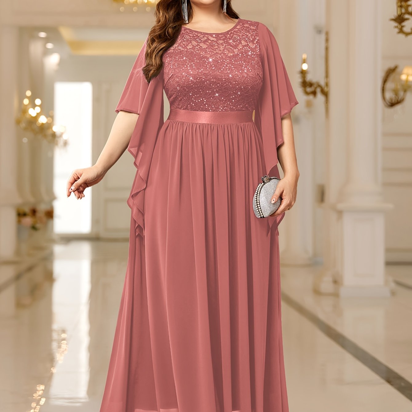 Elegant Plus Size Women's Butterfly Sleeve Sequin Lace Evening Dress .MH