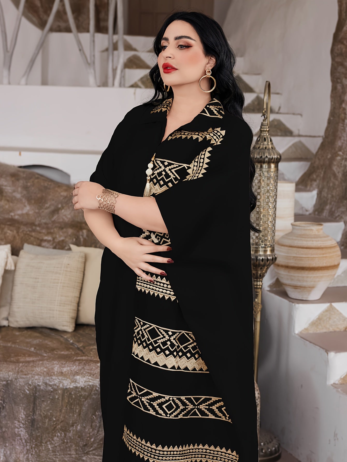 Elegant Ramadan Jalabia Dress - Golden & Black Geometric Embroidery,/MH