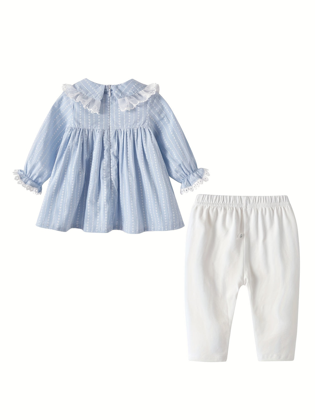 Adorable Baby Girl Spring/Fall Outfit - Long Sleeve Lace Trim Puff Princess Dress Top & Pants Set