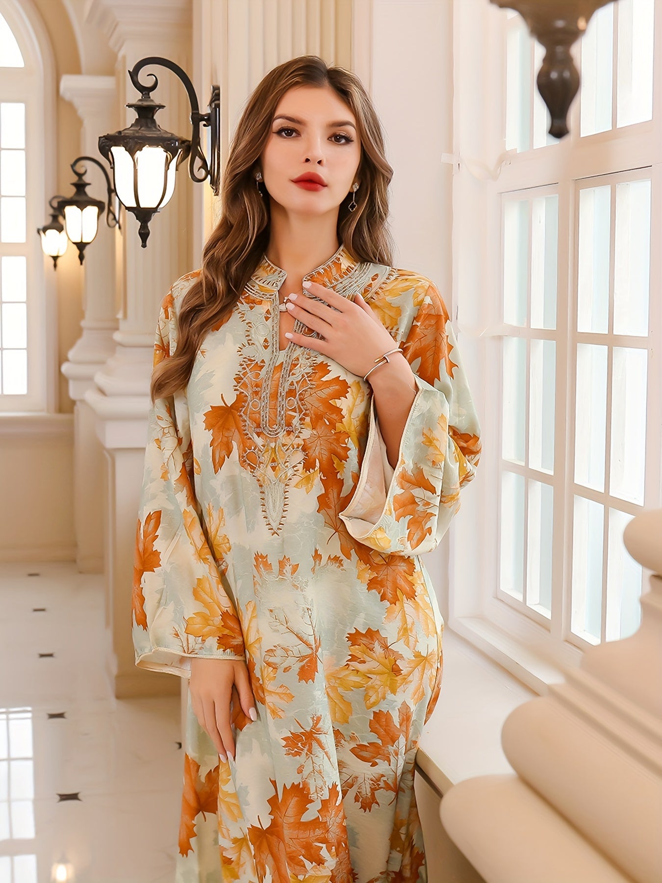 Maple Print Tie Neck Kaftan Dress, Elegant Long Sleeve 'MH