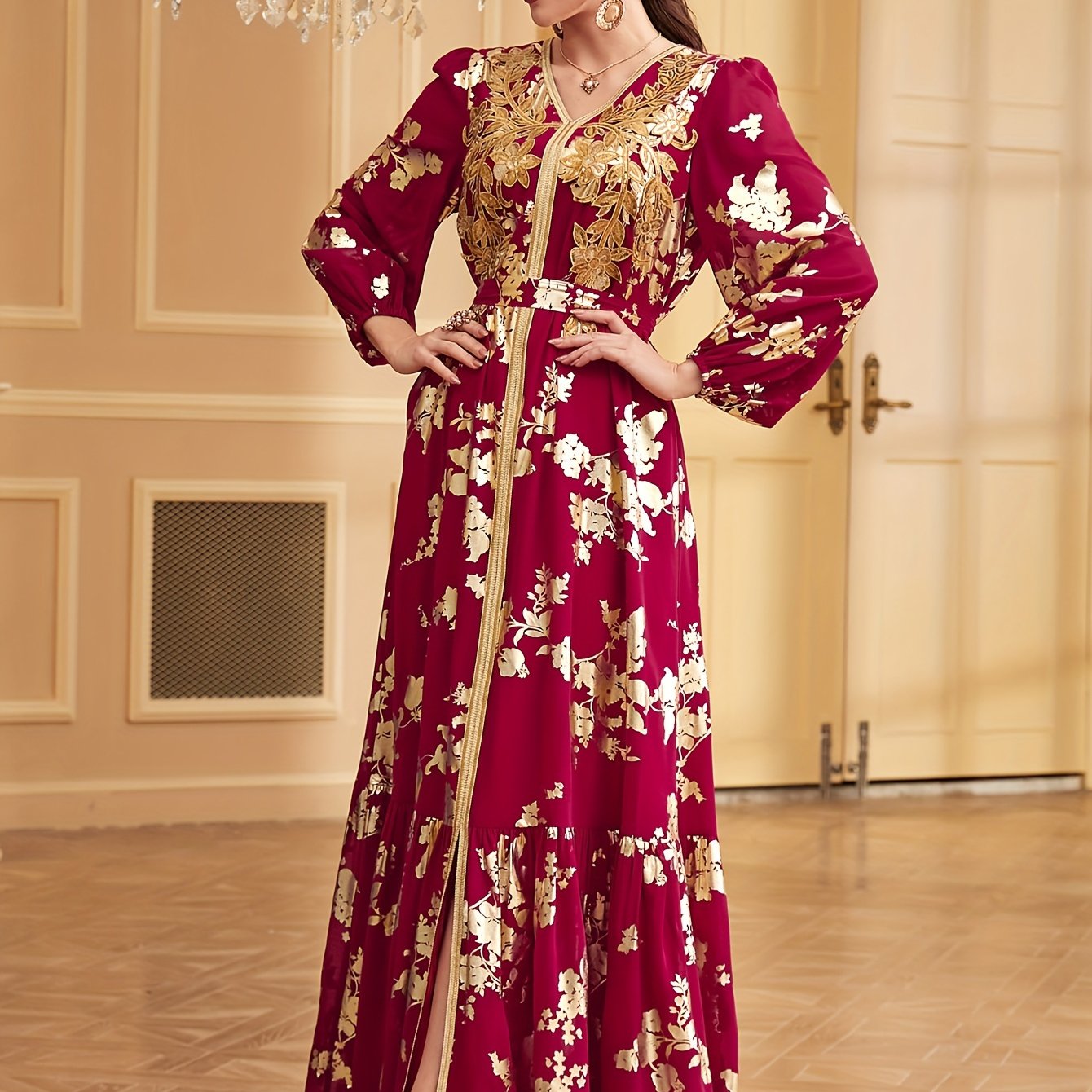 Bronzing V-neck Kaftan Dress, Elegant Long Sleeve 'MH