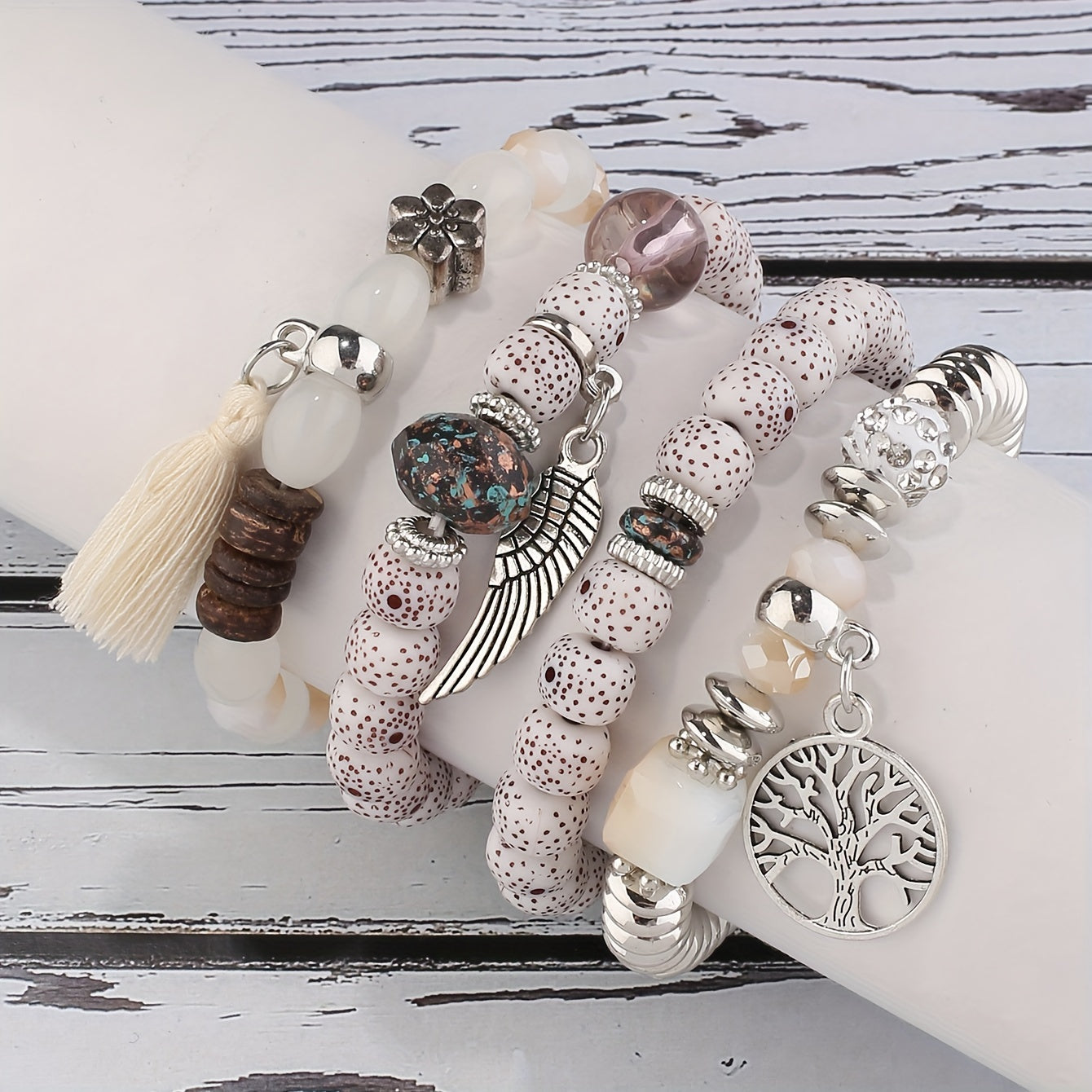4pcs/set Bohemian Hand String, Tree Of Life Feather Wings Pendant Bracelet, Tassel Couple Handmade Unisex Bracelet, Father's Day Gift