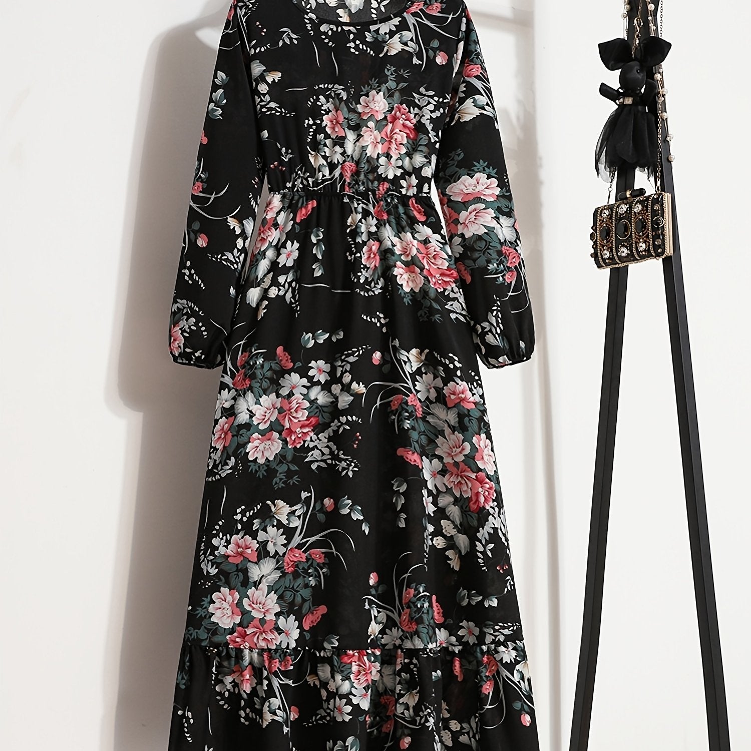 Bohemian Polka Dot Print Long Dress, Ruffle Hem Round Neck Long Sleeve.