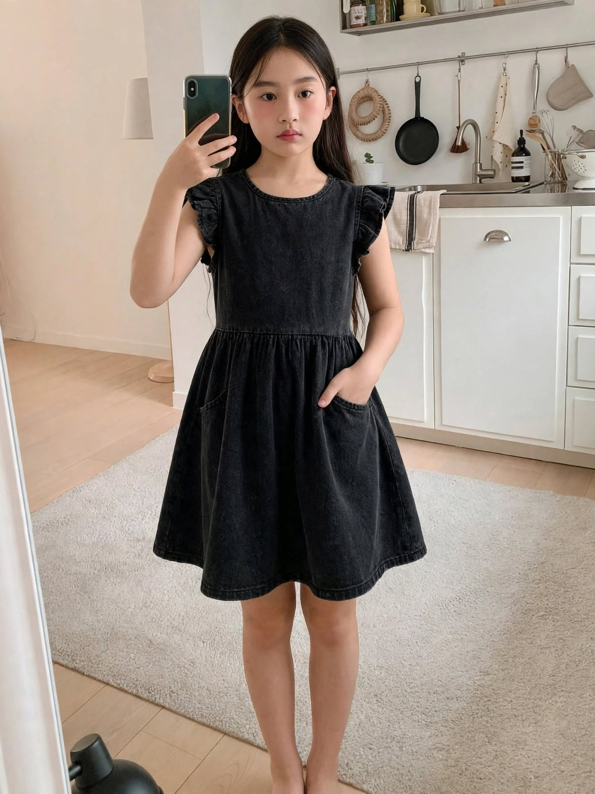 Girls Black & Navy Blue Denim Frill Sleeve Dress | Gathered Skirt Back Zip Smart Casual | Ages 2–12 Years | MH
