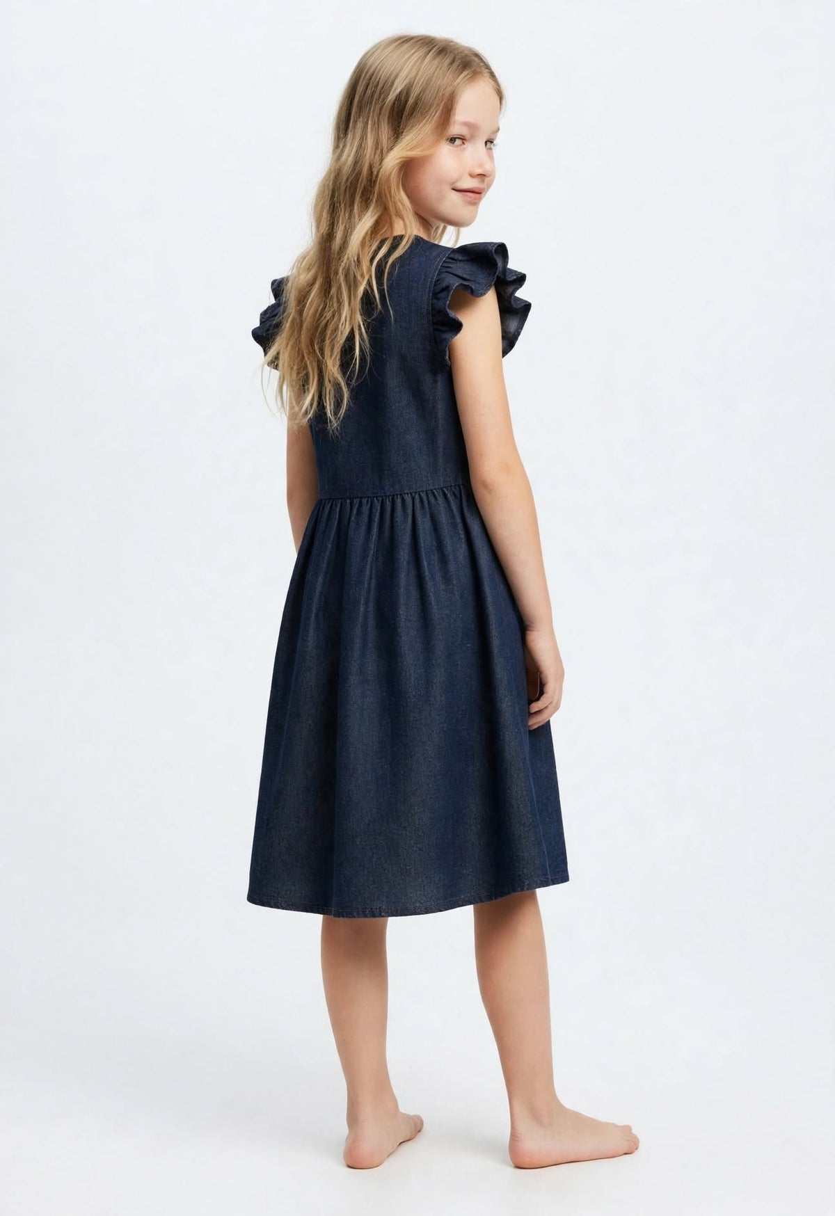 Girls Soft Denim Knee-Length Dress – Lightweight Flutter Sleeve Summer Outfit | Sizes (1-6Years) MH
