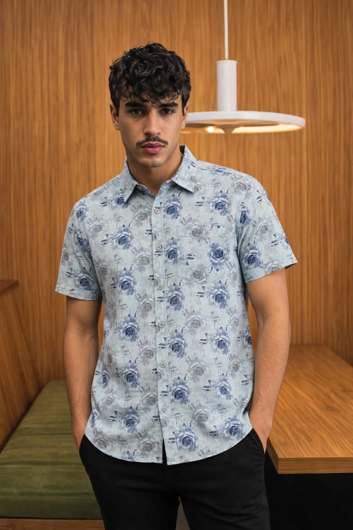 Men’s Light Blue Rose Floral Print Short Sleeve Shirt | Slim Fit Soft Cotton Smart Casual | Sizes S–XL | MH