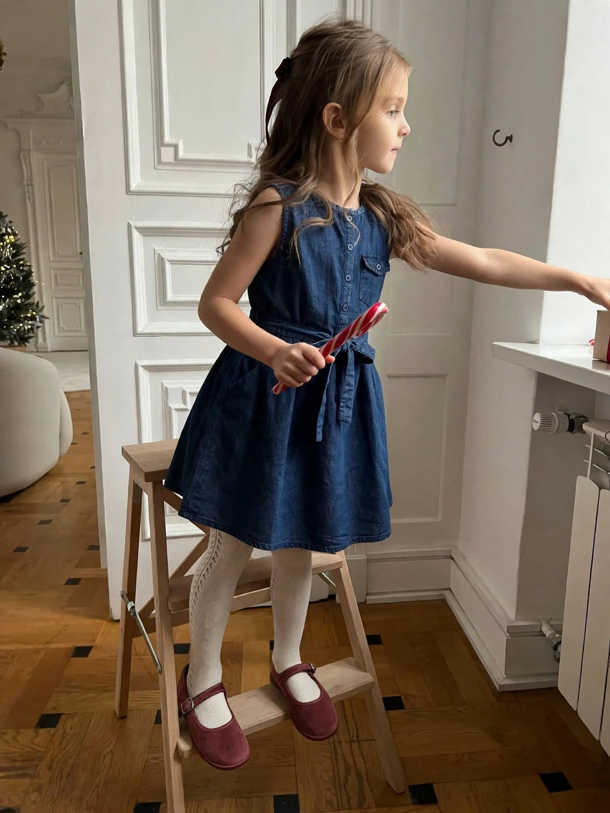 Girls Sleeveless Blue Denim Shirt Dress with Waist Tie Belt & Front Pocket – Casual Summer Outfit (2–12 Years)