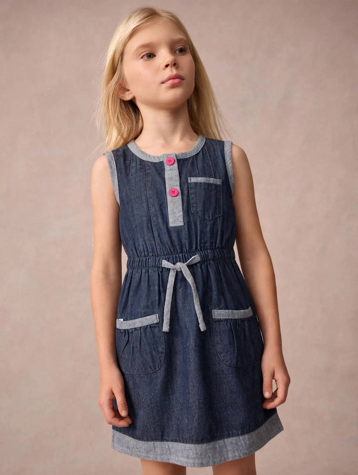 Stylish Sleeveless Denim Dress with Contrast Trim & Waist Tie for Girls | MH