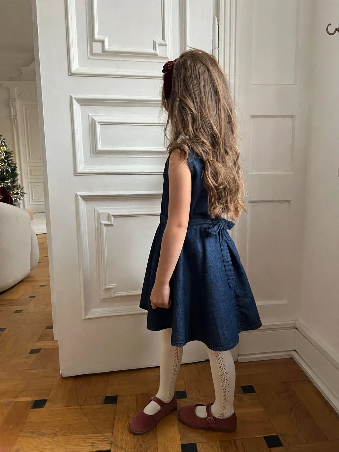 Girls Sleeveless Blue Denim Shirt Dress with Waist Tie Belt & Front Pocket – Casual Summer Outfit (2–12 Years)
