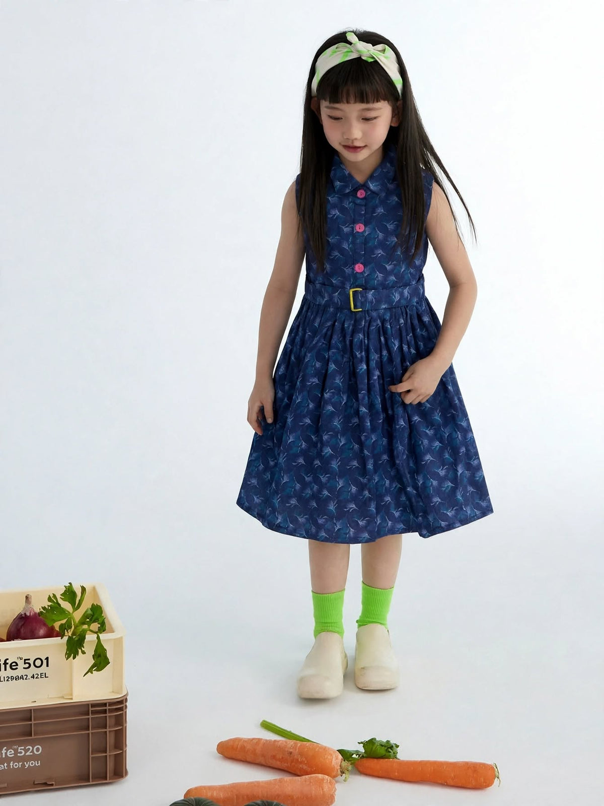 Elegant Navy Floral Sleeveless Belted Girls Dress | MH