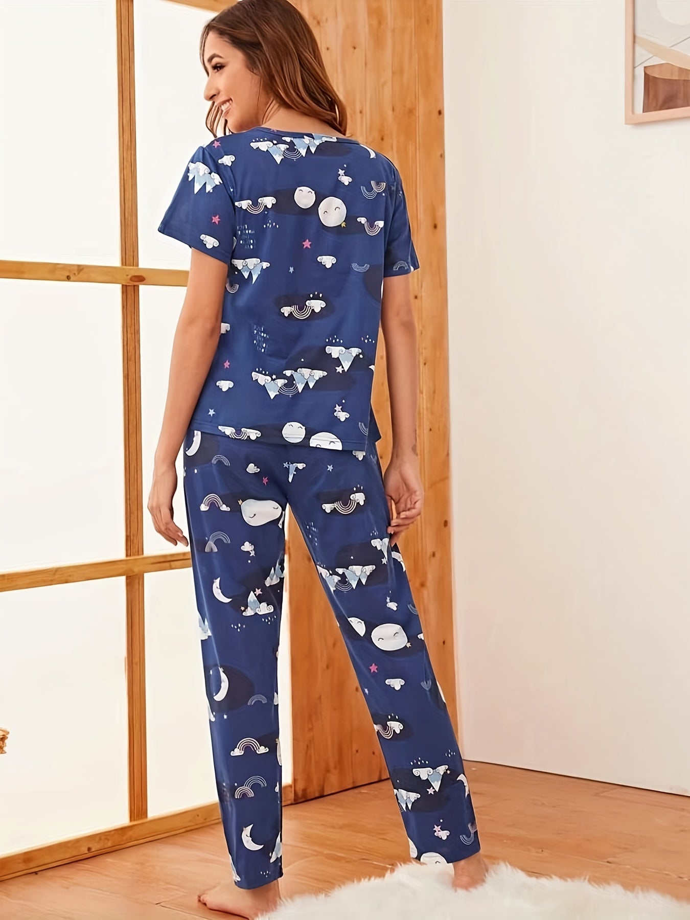 Starry Print Pajama Set, Short Sleeve Crew Neck Top