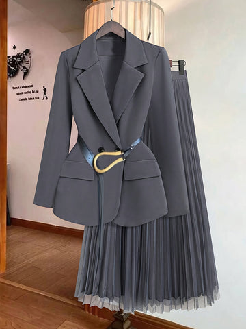 Elegant Fall/Winter Women's Suit Set - Chic Blazer & Sheer Mesh .