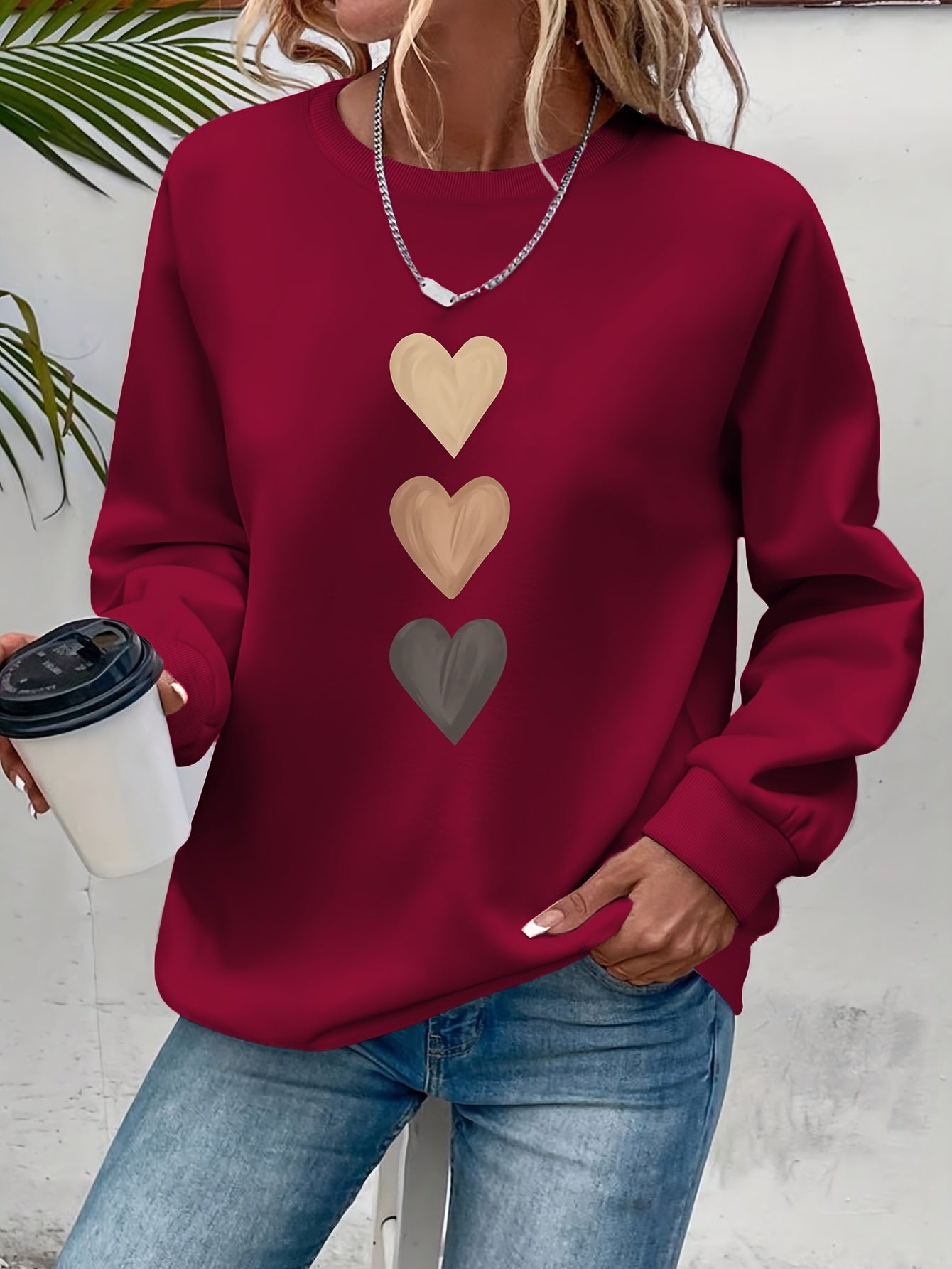 Women'S Long Sleeve Sweatshirt - Soft Pullover Sweater with Brown Heart Pattern,