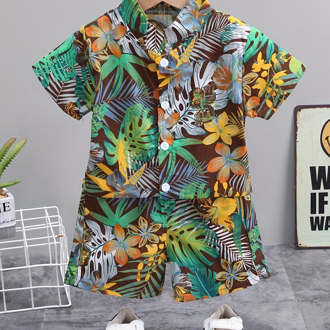 Boys Leaf And Flower Print Casual Outfit Short Sleeves .