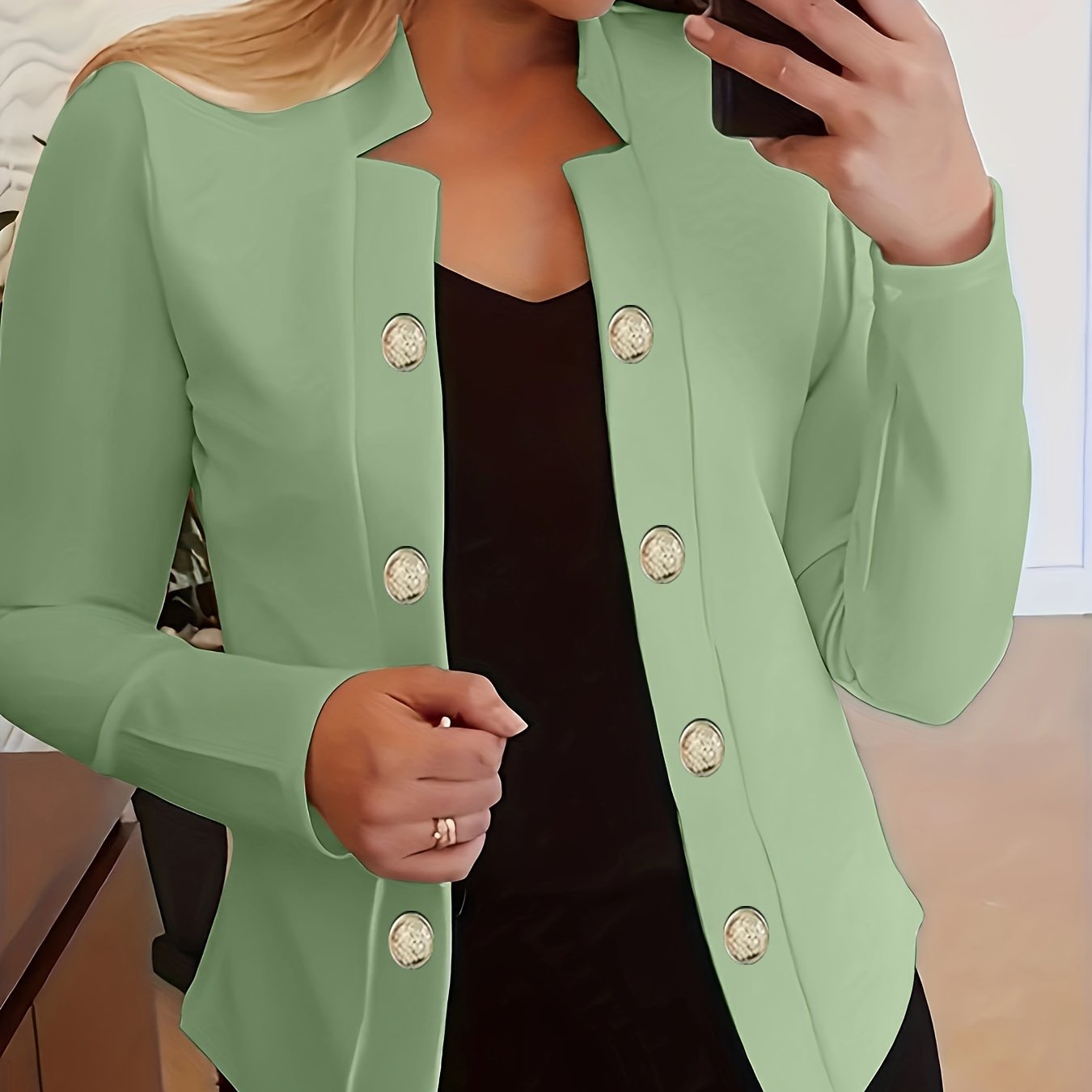 Button Decor Open Front Blazer, Casual Long Sleeve.