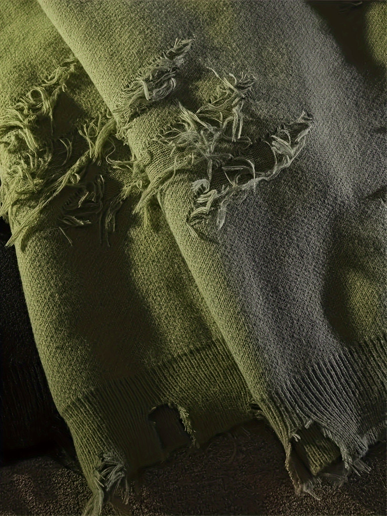 Solid Color Crew Neck Pullover Sweater, Casual Ripped Tassel Long Sleeve.