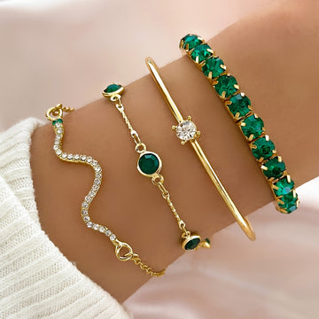 4pcs/Set Elegant Green Imitation Gemstone Rhinestone Claw Chain Snake Bracelet Open Bangle For Women