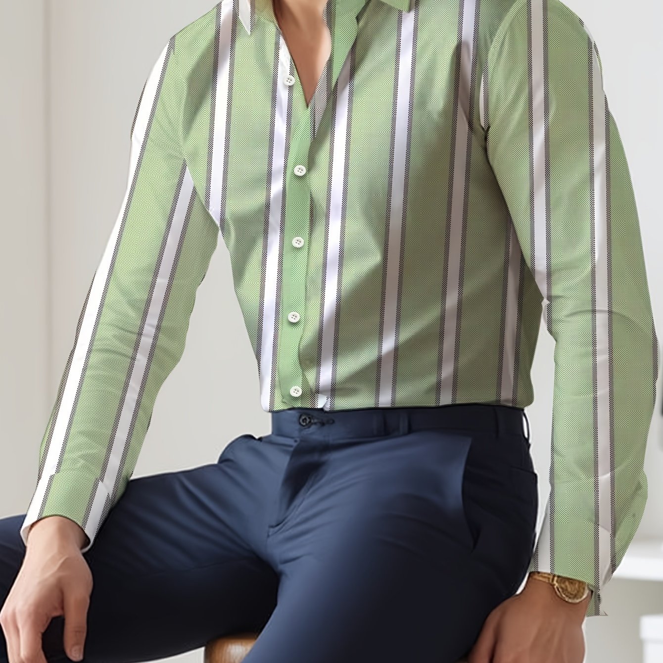 Men's Striped Lapel Collar Dress Shirts, Long Sleeve .