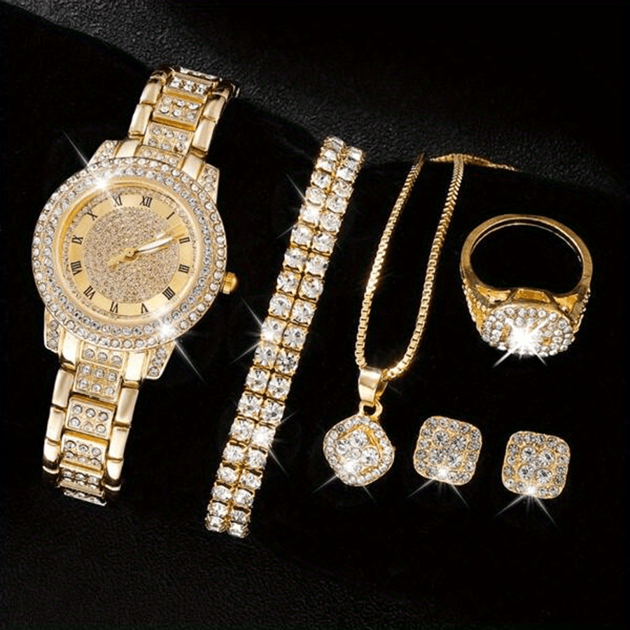 Luxury Rhinestone Quartz Watch Hiphop Fashion Analog Wrist Watch & 6pcs Jewelry Set, Gift For Women Her