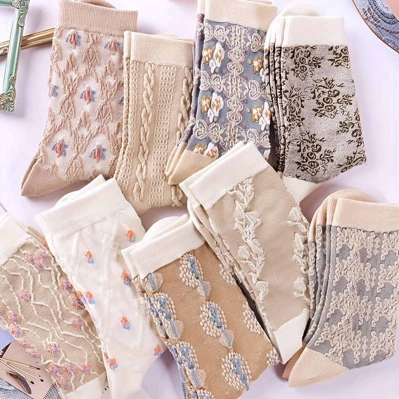 9 Pairs Floral Pattern Socks, Comfy & Breathable Mid Tube Socks, Women's./MH