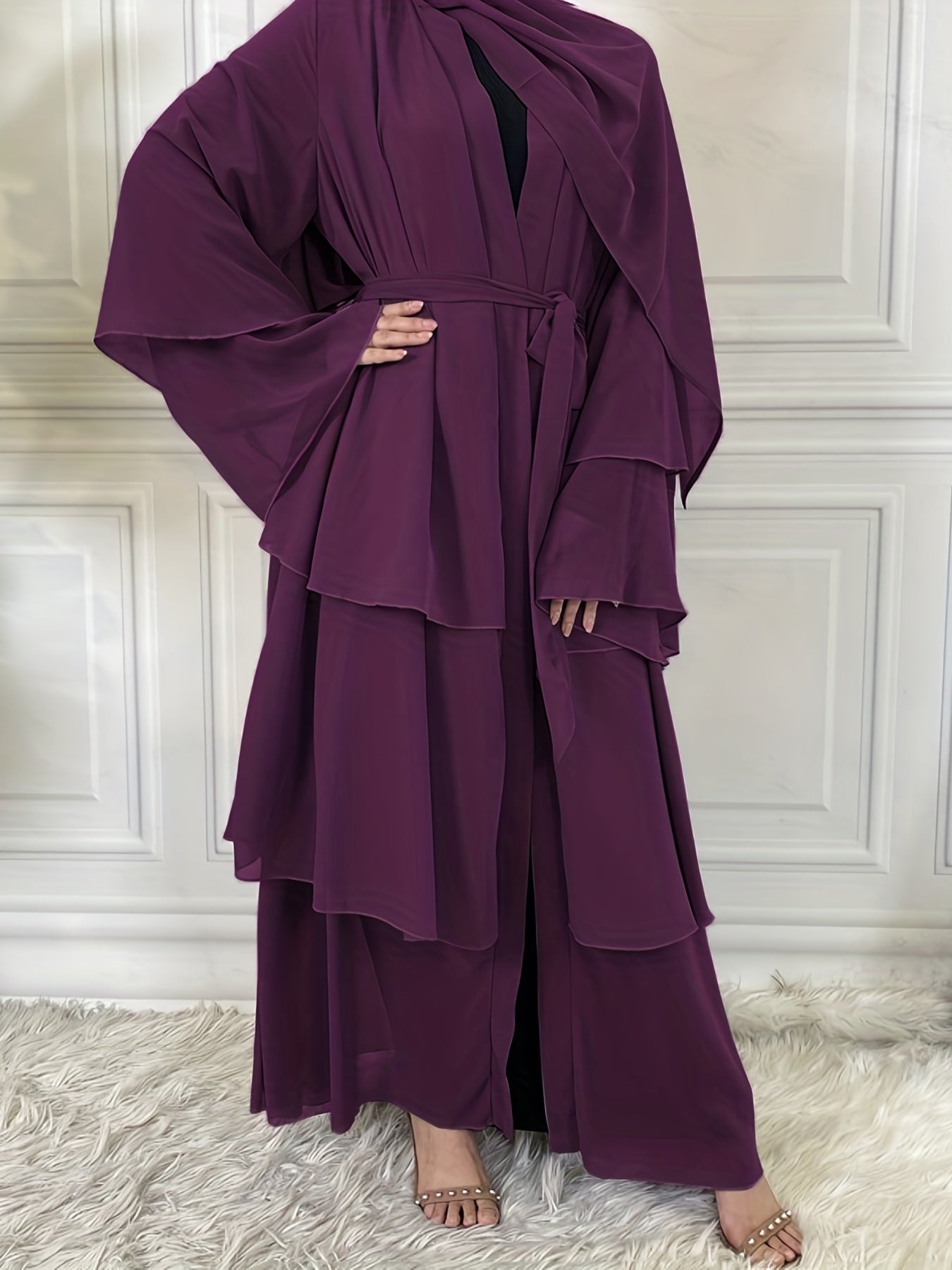 Layered Open Front Modest Dress, Long Sleeve Muslim Dress'/MH