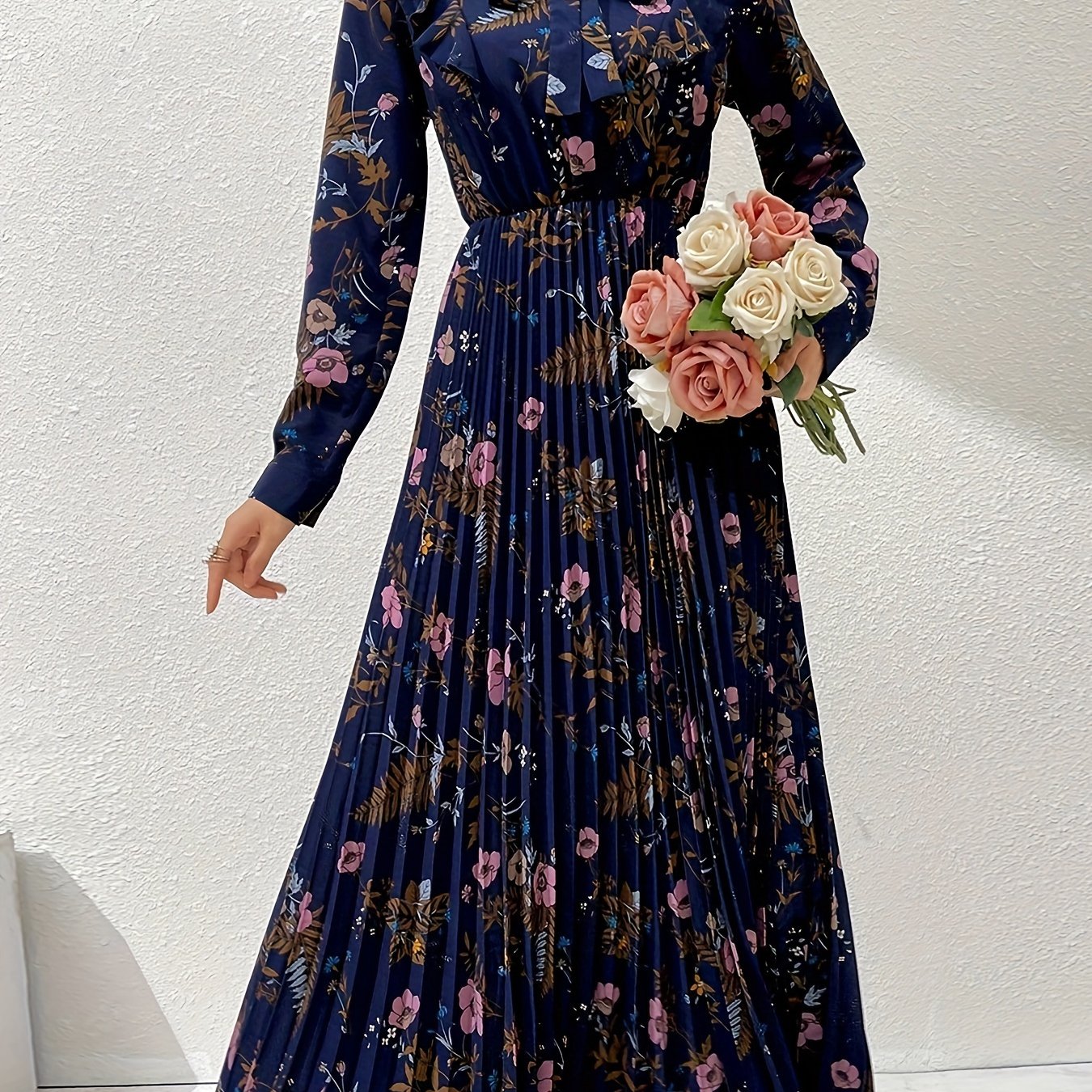Floral Print Tie Neck Ruffle Trim Kaftan Dress, Elegant Long Sleeve '/MH