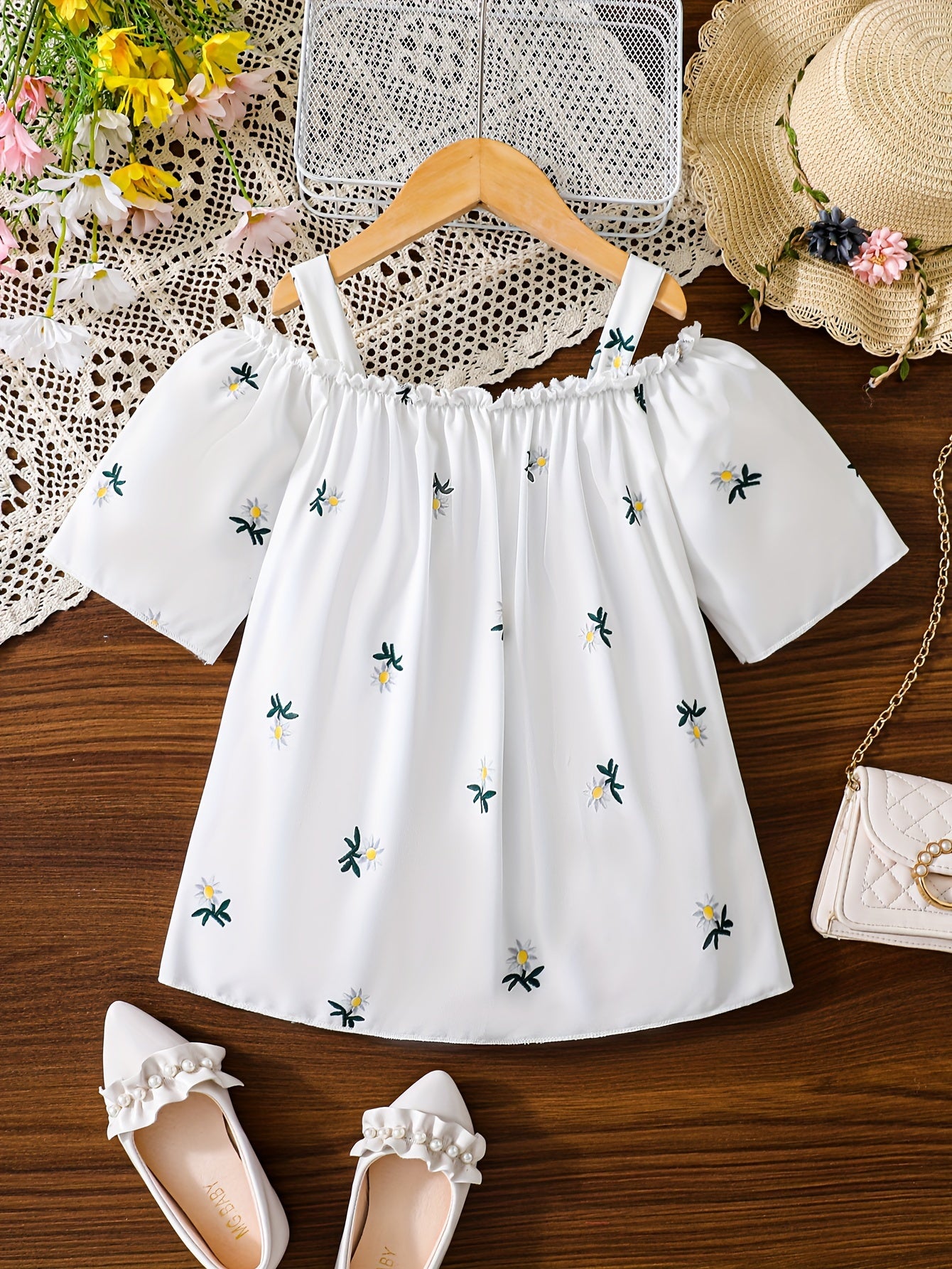 Elegant Girls Floral Ruffle Sleeve Cold Shoulder Top,