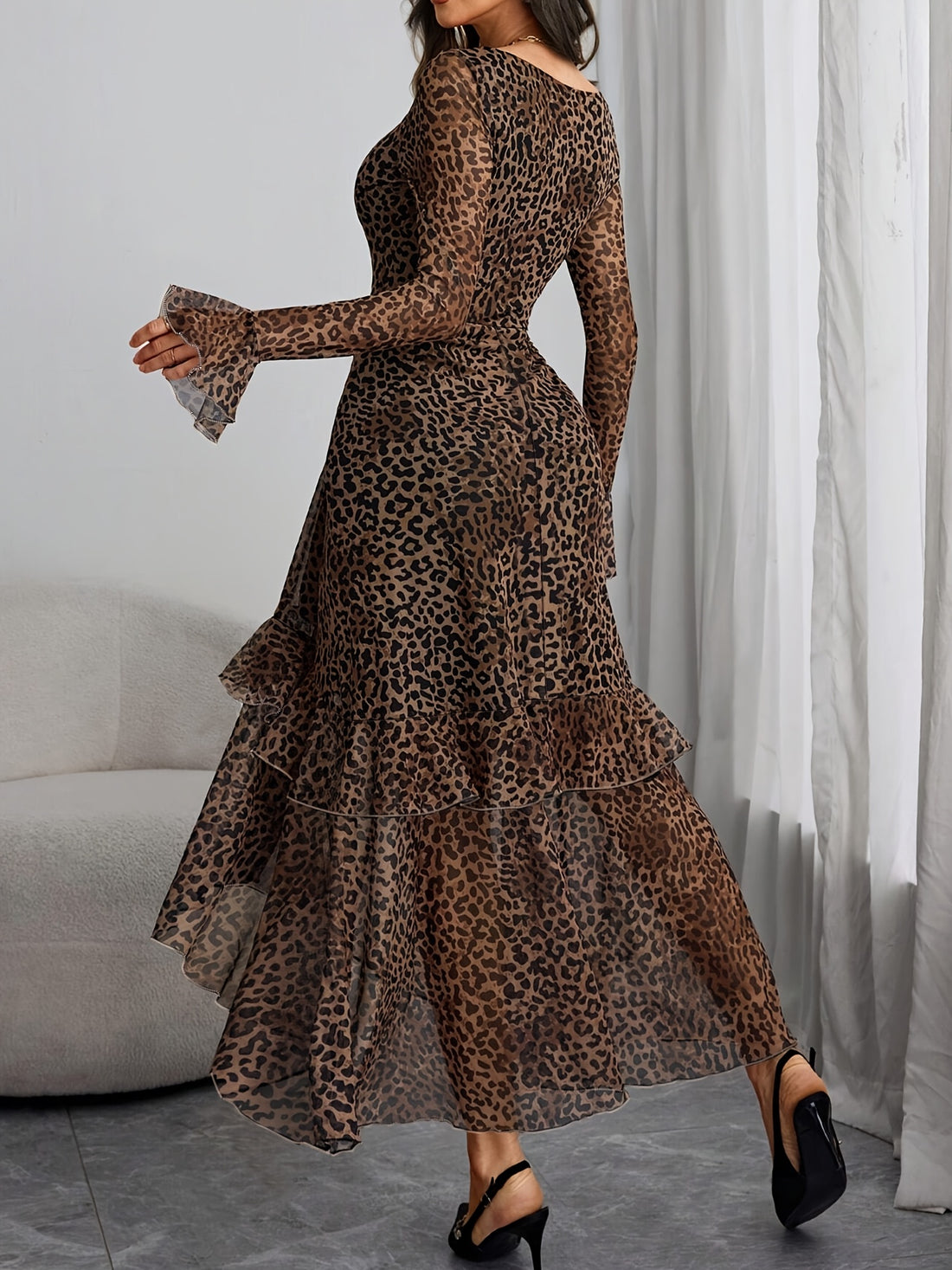 Women's Leopard Print Square Neck Long Dress ./MH