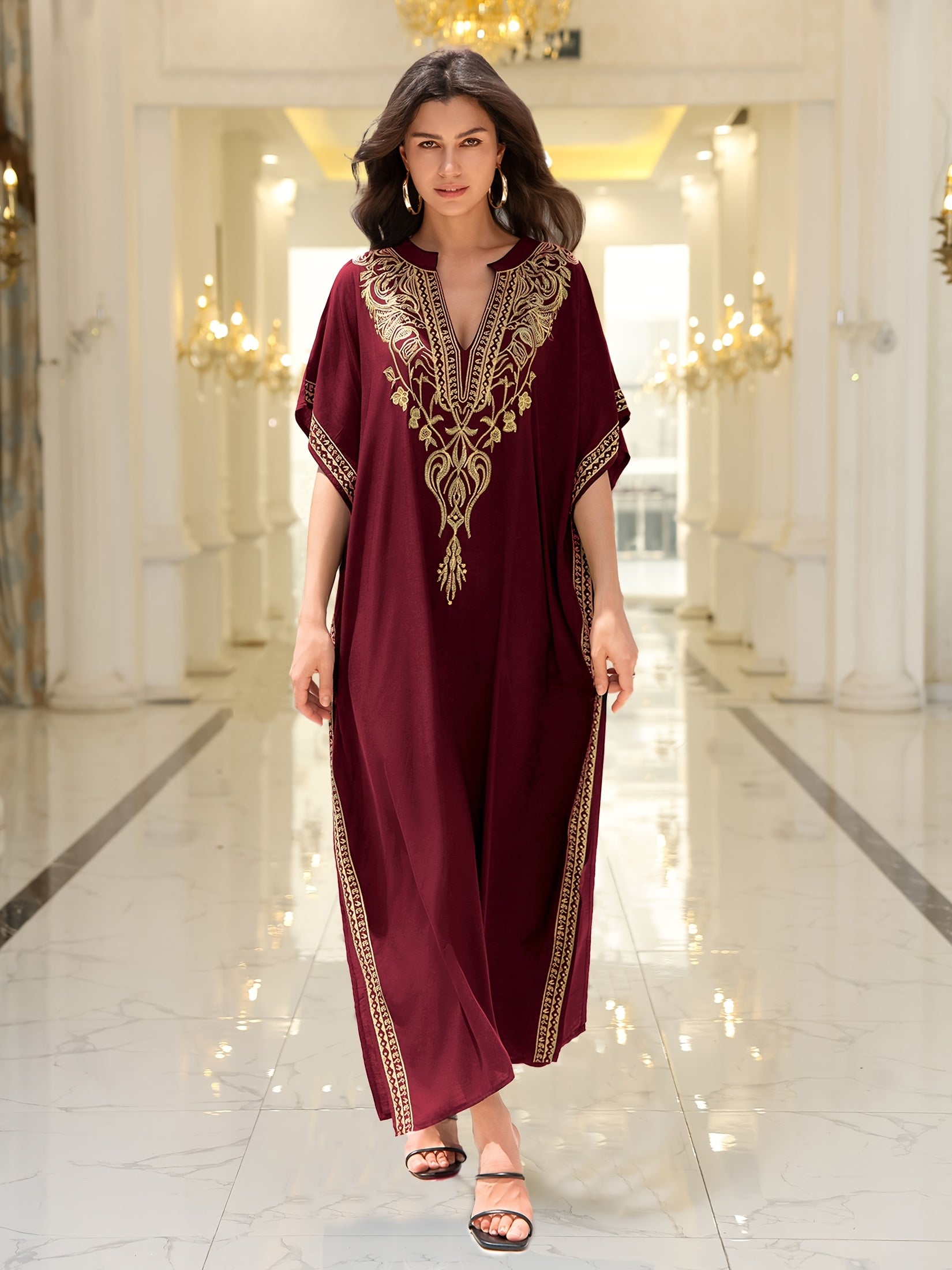 EDOLYNSA Plus Size Embroidered V-Neck Kaftan Dress, /MH
